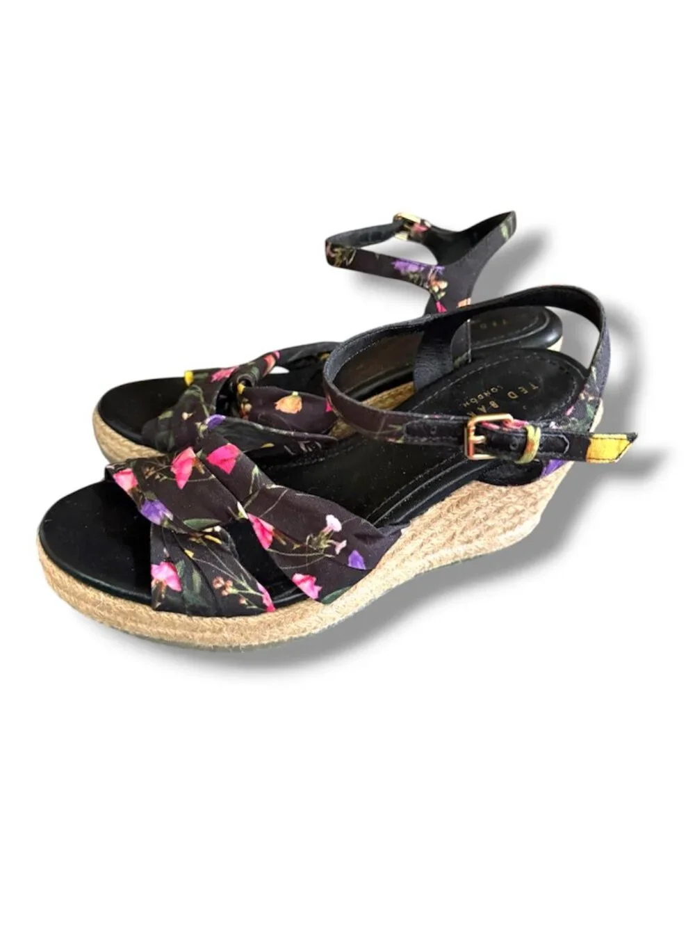 Ted Baker London Luxury Cardone Black Floral Espadrille Platform Wedge Heels 8.5